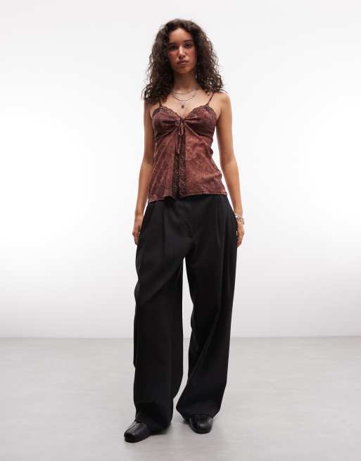 Reclaimed vintage tie front printed cami top with lace in brown, 2 of 4