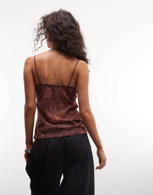 Reclaimed vintage tie front printed cami top with lace in brown, 4 of 4