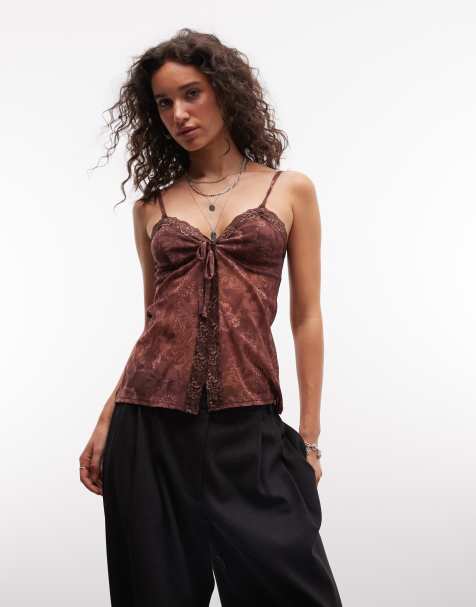 Reclaimed Vintage tie front printed cami top with lace trim in brown - view 1