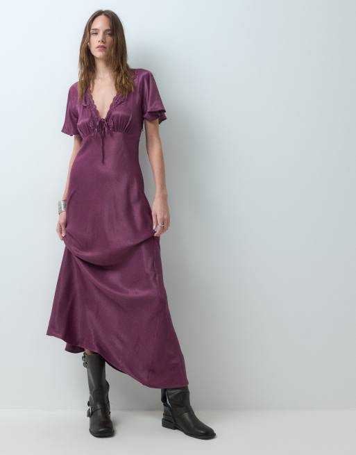 Reclaimed Vintage tie front satin maxi dress with lace trim in plum, 2 of 4