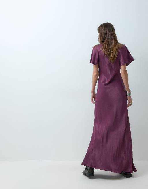 Reclaimed Vintage tie front satin maxi dress with lace trim in plum, 4 of 4