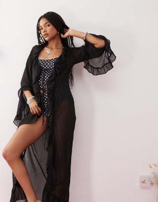 Reclaimed Vintage tie front sheer beach cover up with ruffles in black - view 1