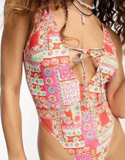 Reclaimed Vintage tie front swimsuit in bandana paisley print