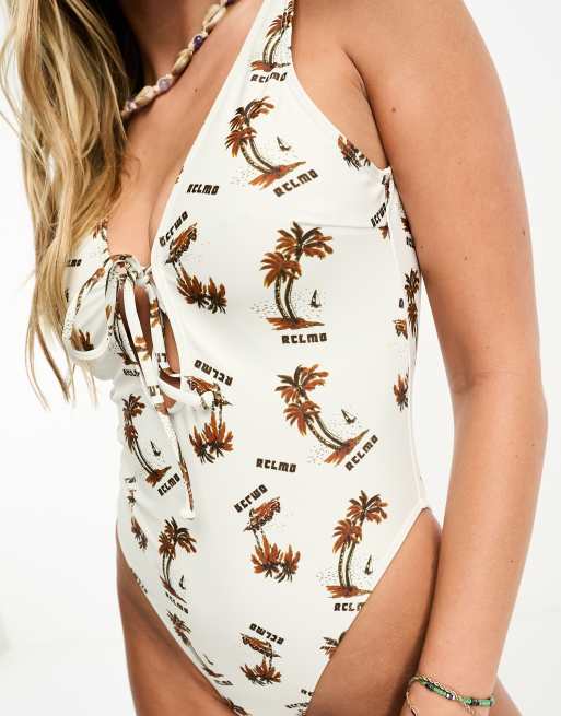 Reclaimed Vintage tie front swimsuit in palm tree print ASOS