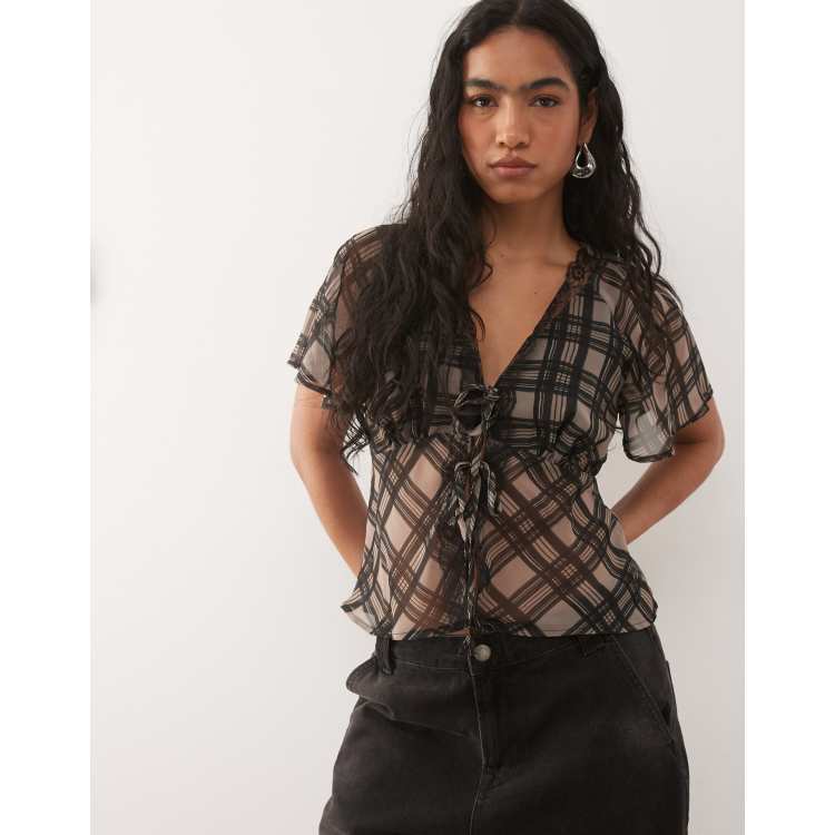 Reclaimed Vintage tie front tea top with lace trim in plaid print