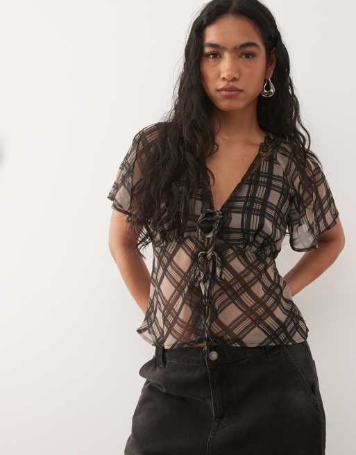 Reclaimed Vintage tie front tea top with lace trim in plaid print