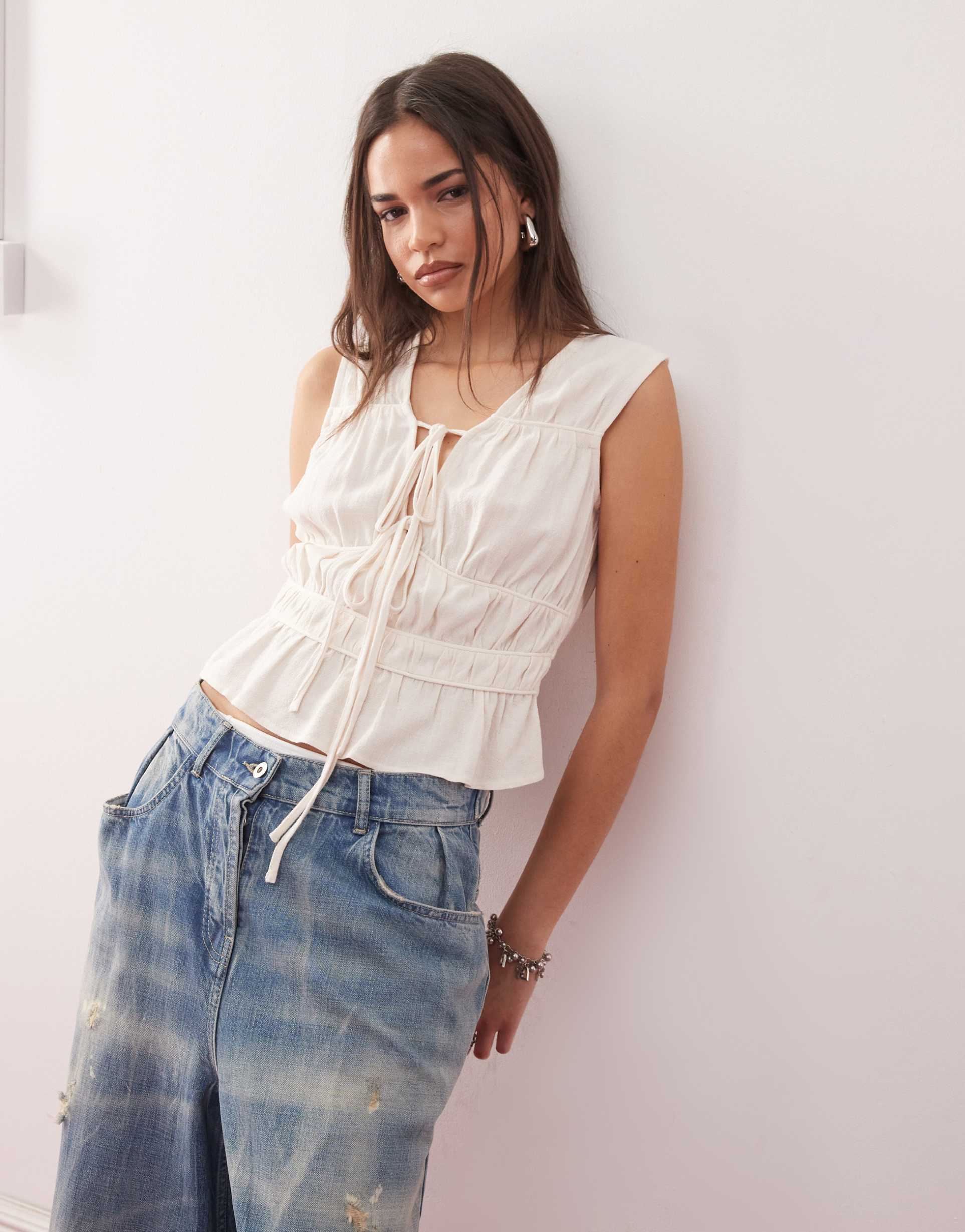 reclaimed vintage tie front top in ecru linen blend