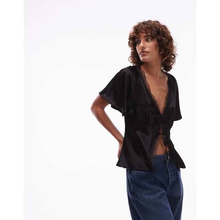 Reclaimed Vintage tie front top with lace trim in black satin | ASOS
