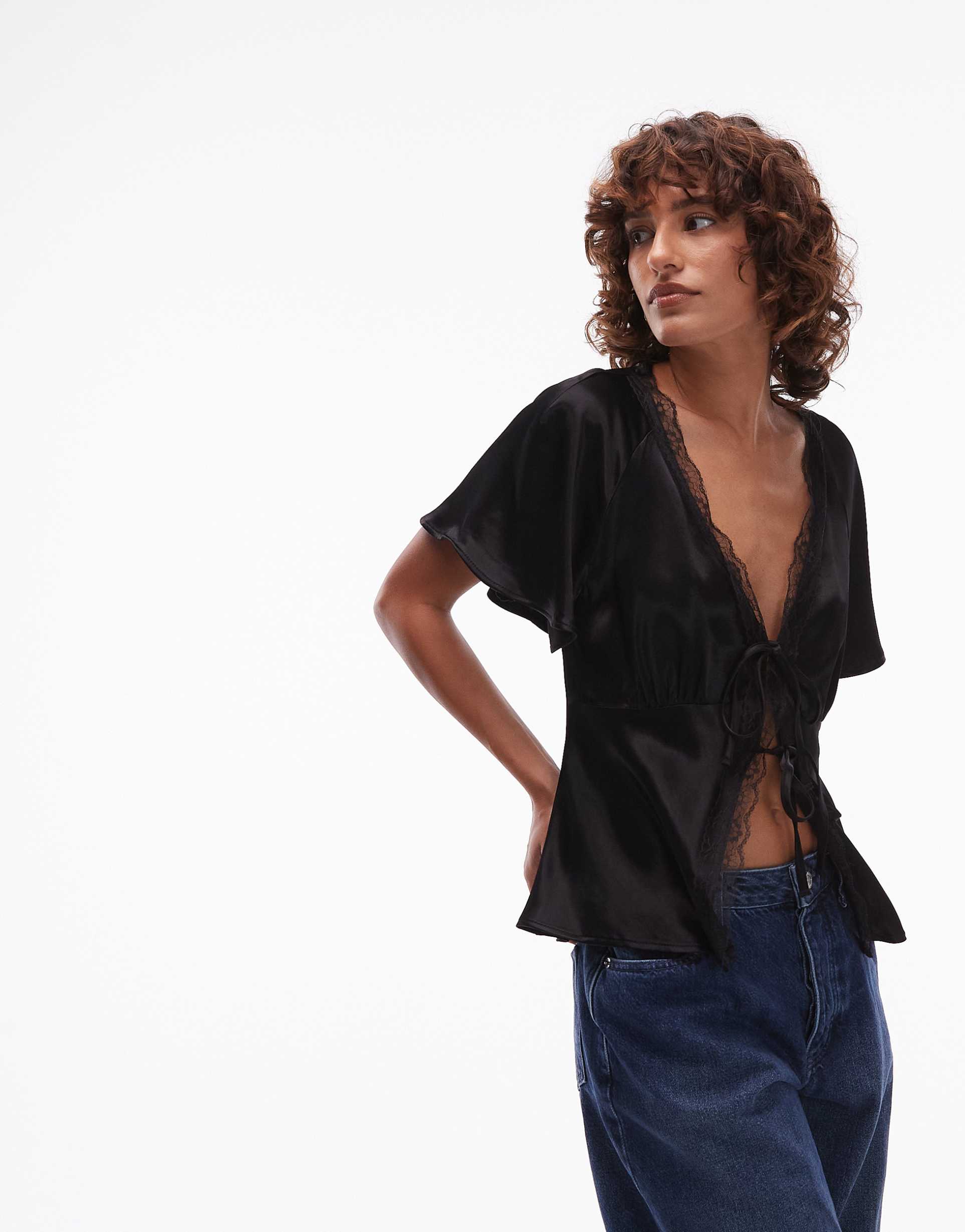 reclaimed vintage tie front top with lace trim in black satin