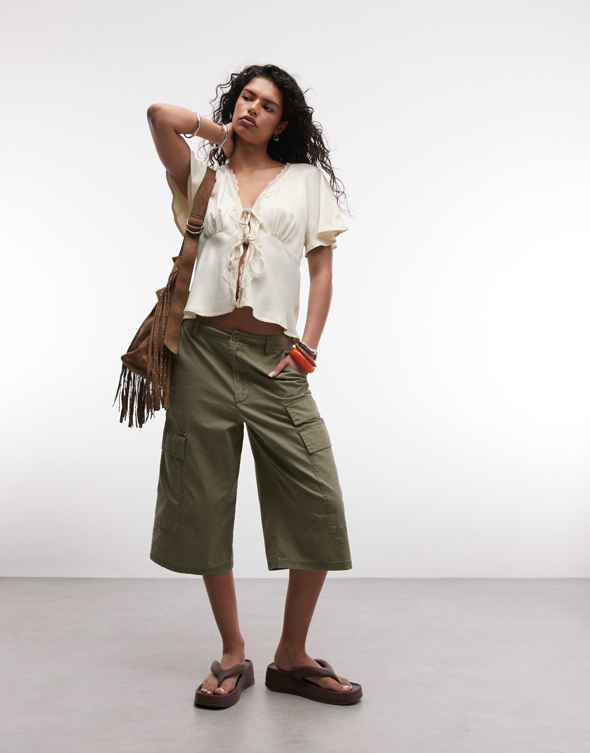 reclaimed vintage tie front top with lace trim in cream satin