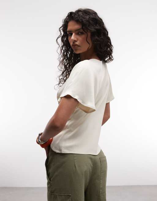 Reclaimed Vintage tie front top with lace trim in cream satin, 3 of 4