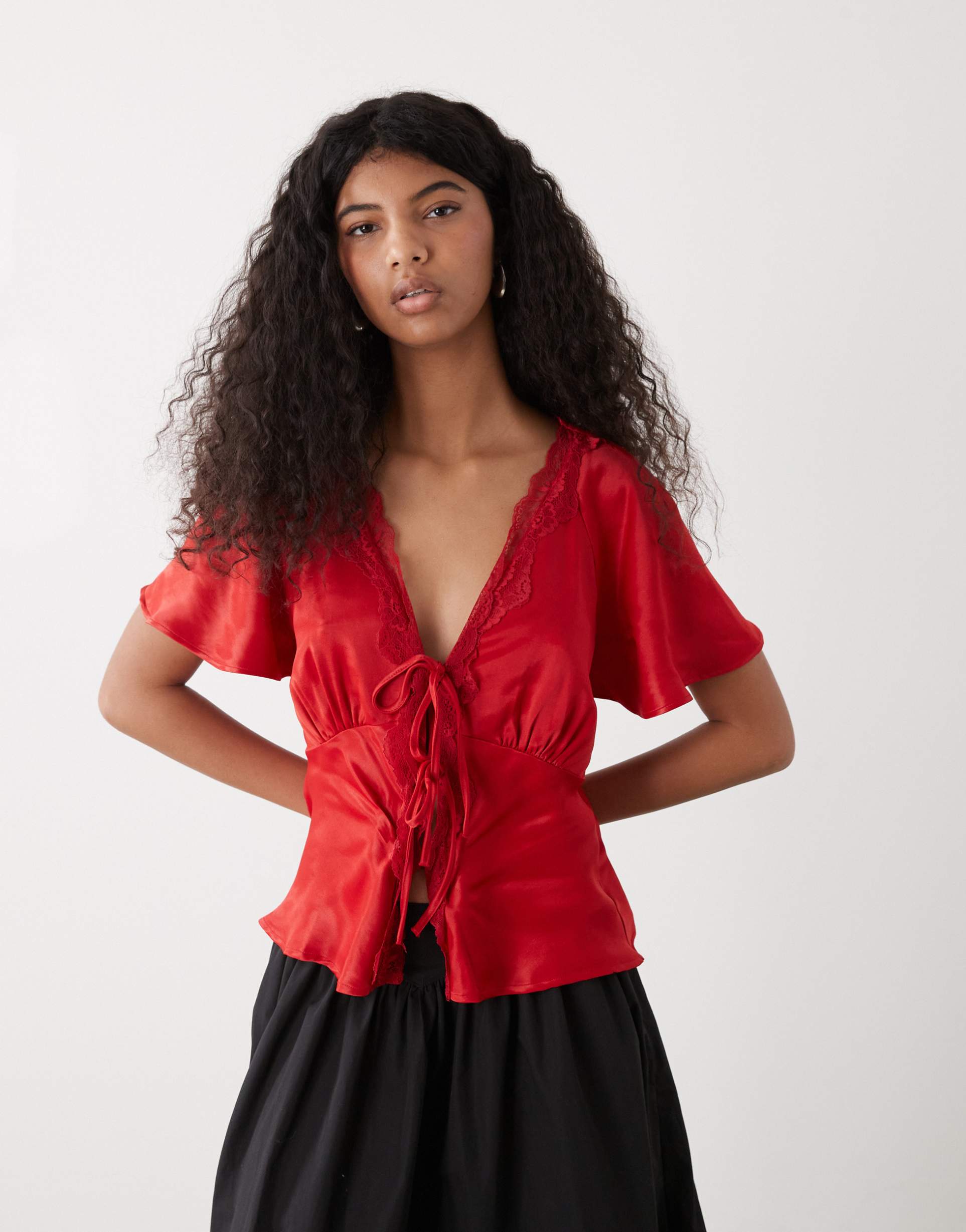 reclaimed vintage tie front top with lace trim in red satin