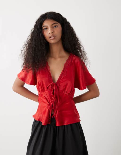 Reclaimed Vintage tie front top with lace trim in red satin
