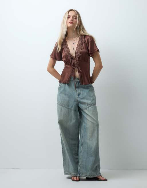 Reclaimed vintage tie front top with lace trims in brown, 2 of 4