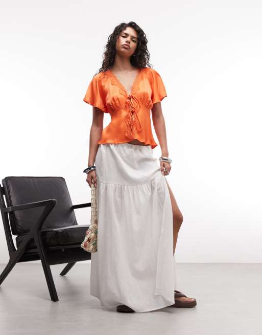 Reclaimed vintage tie front top with lace trims in orange, 2 of 4