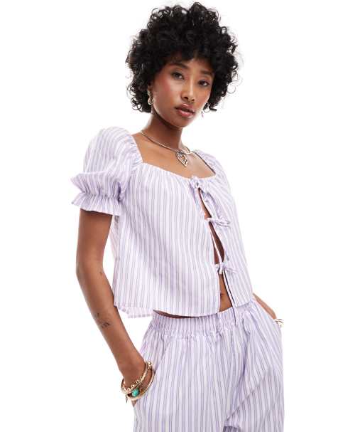 Reclaimed Vintage tie front top with puff sleeve in summer lilac stripe - view 1