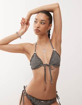 Reclaimed Vintage Tie Front Triangle Bikini Top With Frills In Multi