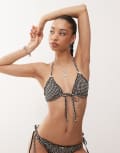 [Reclaimed Vintage] Reclaimed Vintage tie front triangle bikini top with frills in black and white gingham seersucker-Multi 4 MULTI