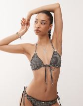 Bershka contrast trim gingham bikini bottoms co-ord in red