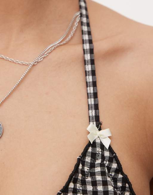 Reclaimed Vintage tie front triangle bikini top with frills in black and white gingham seersucker, 2 of 4