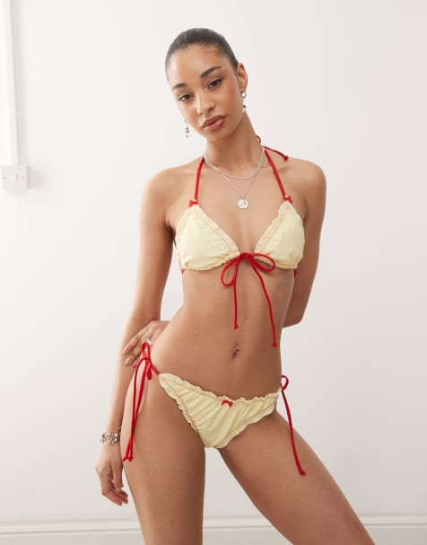 Reclaimed Vintage tie front triangle bikini top with frills in yellow and red - view 1