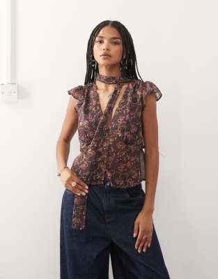 Reclaimed Vintage Tie Scarf Flutter Sleeve Scarf Top With Button Front Detail-multi
