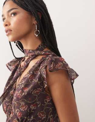 Reclaimed Vintage Tie Scarf Flutter Sleeve Scarf Top With Button Front Detail-multi In Multi