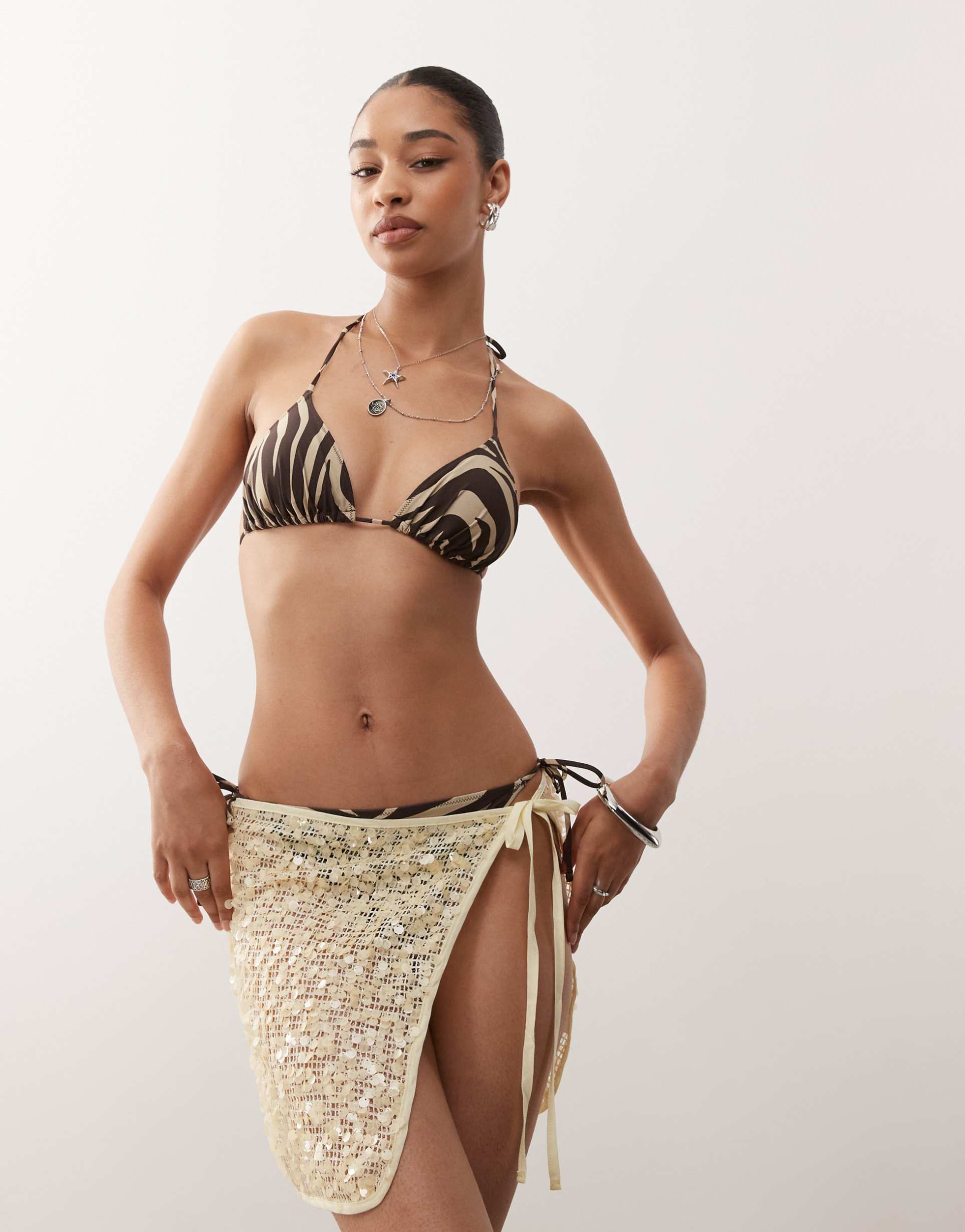 reclaimed vintage tie side beach skirt in butter yellow sequins