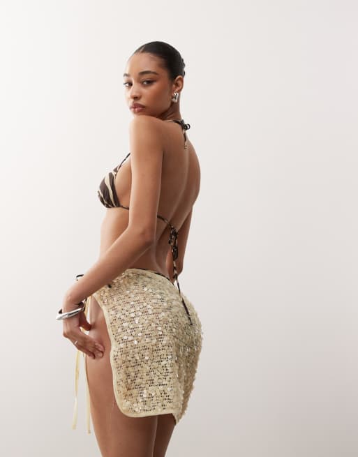 Reclaimed Vintage tie side beach skirt in butter yellow sequins, 3 of 5