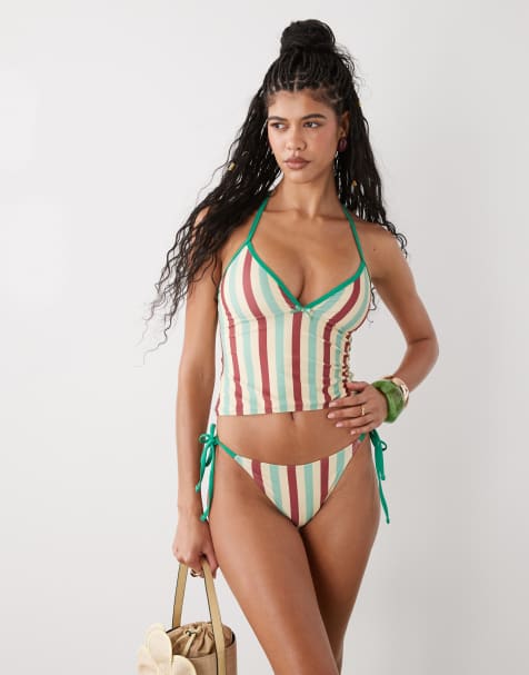 Reclaimed Vintage tie side bikini bottom in green and yellow retro stripe - view 1