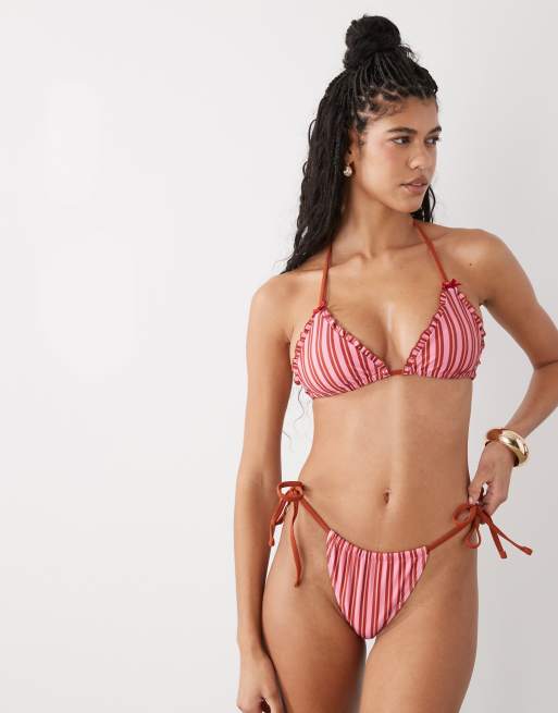 Reclaimed Vintage tie side bikini bottom with frills in pink and red stripe