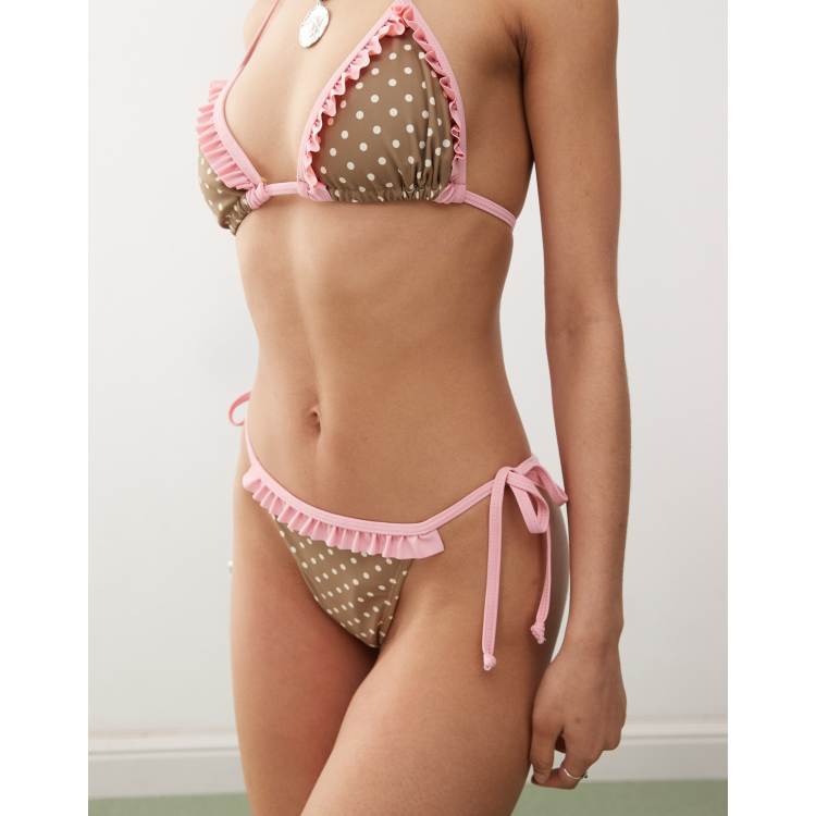 Reclaimed Vintage tie side bikini bottom with pink ruffles