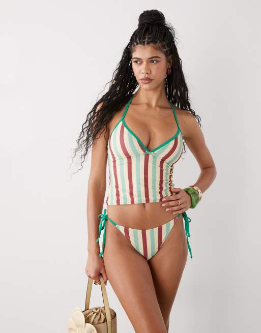 Reclaimed Vintage tie side bikini bottoms in green and yellow retro stripe