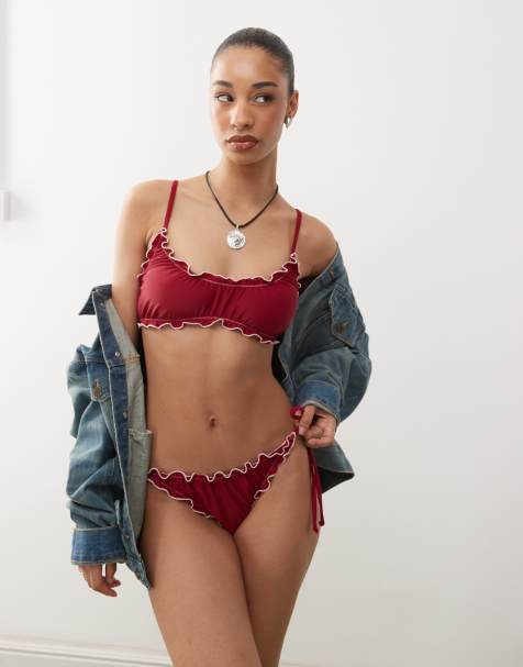 Reclaimed Vintage tie side bikini bottoms with frills in burgundy