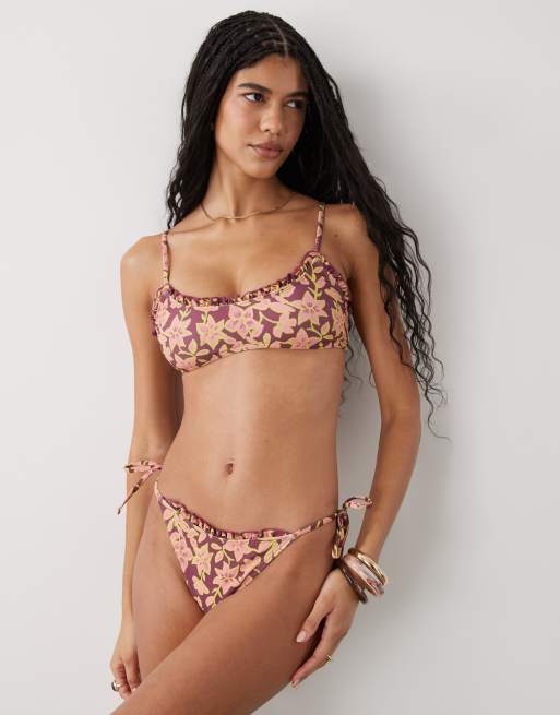 Reclaimed Vintage tie side bikini set with frill in pink and red floral print
