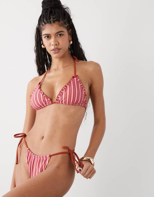 Reclaimed Vintage tie side bikini with frills in pink and red stripe