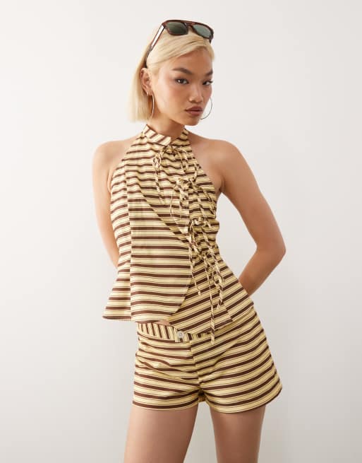 Reclaimed Vintage tie side waistcoat in butter yellow and chocolate stripes