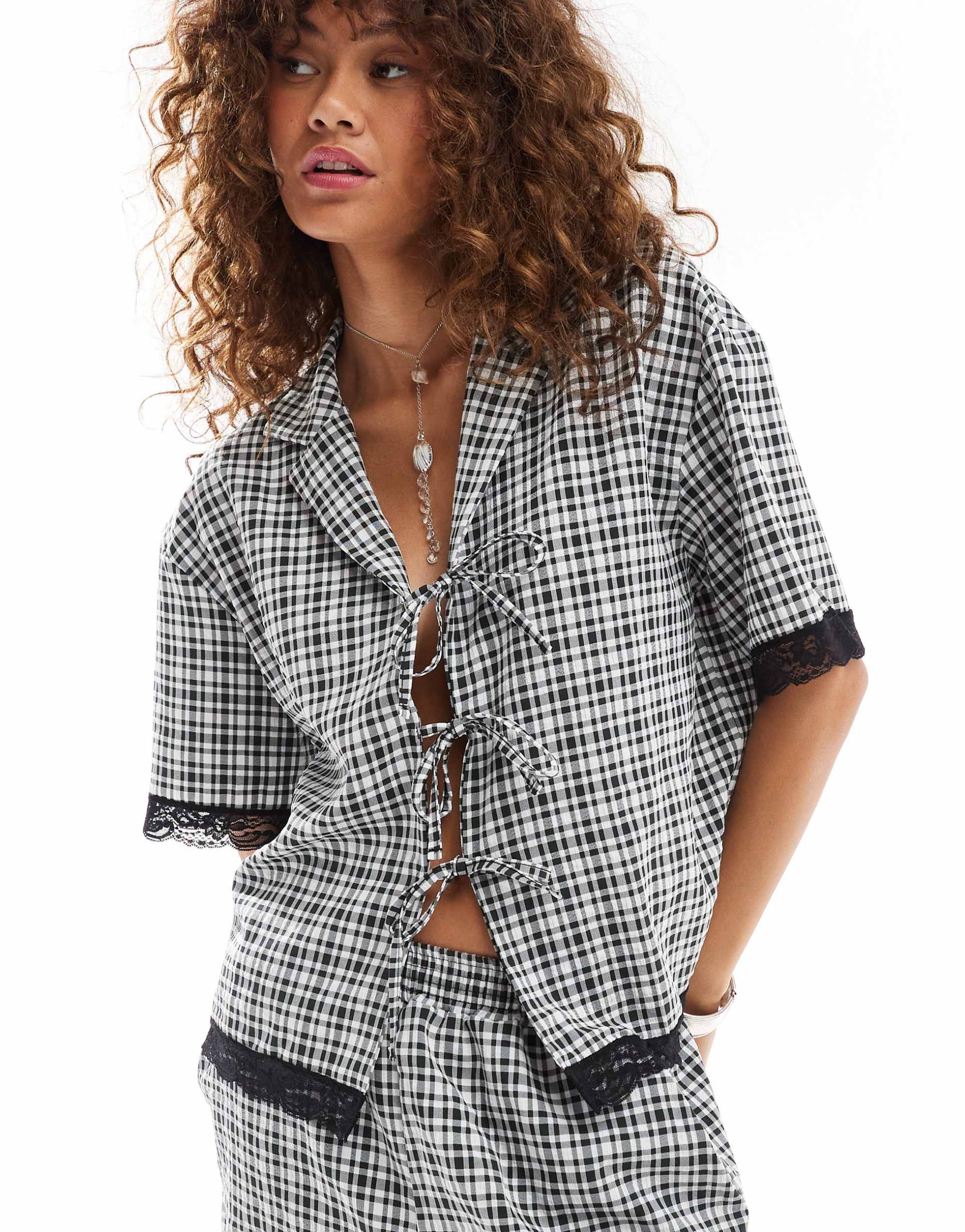 reclaimed vintage tie up gingham shirt with lace trim