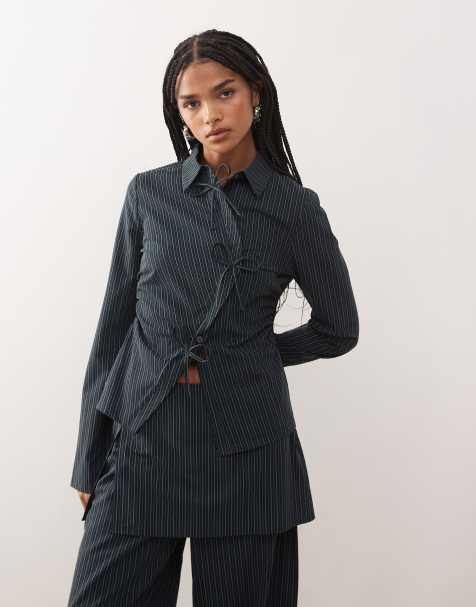 Reclaimed Vintage tie up shirt with bow details in navy pinstripe - part of a set - view 1