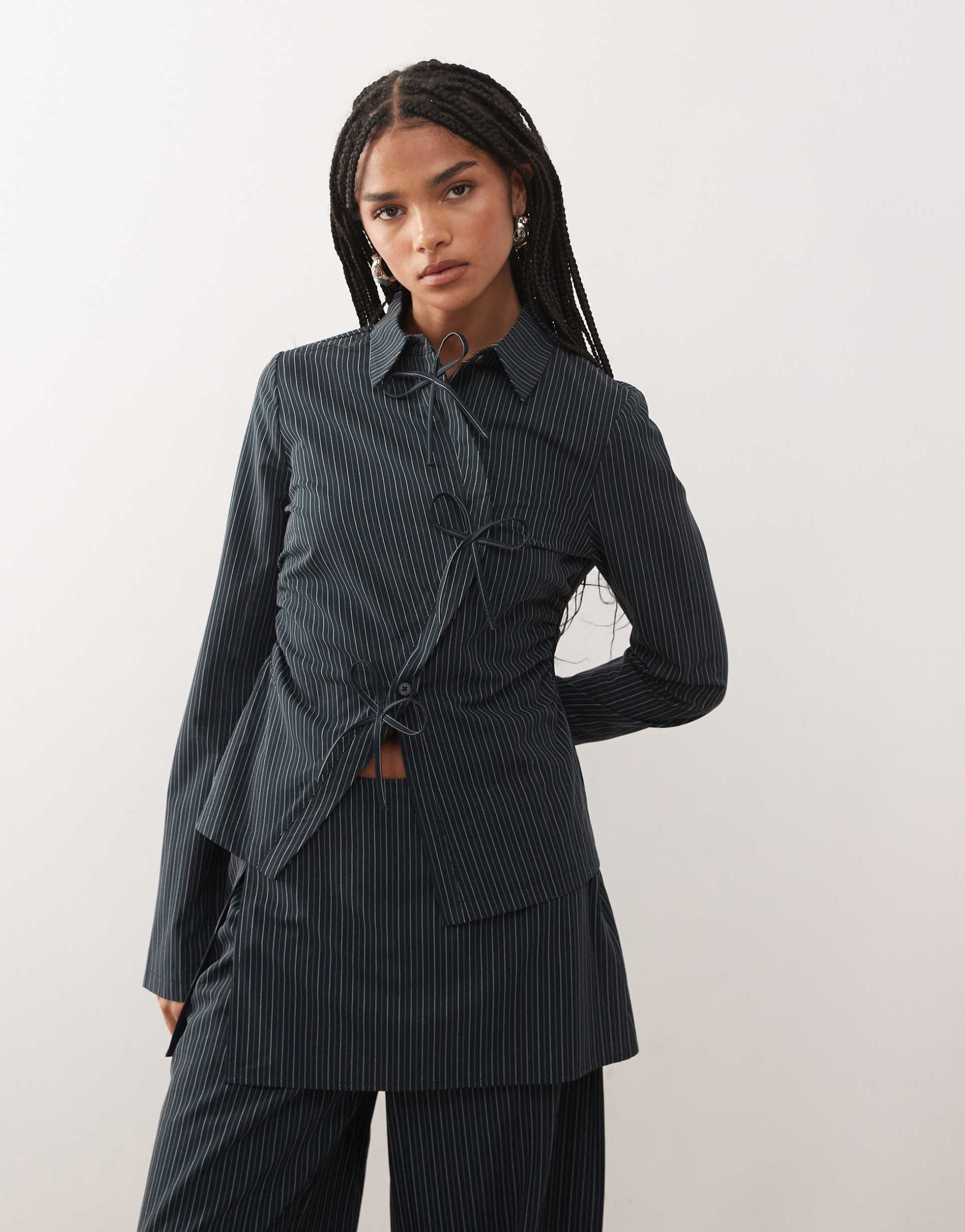 reclaimed vintage tie up shirt with bow details in navy pinstripe - part of a set