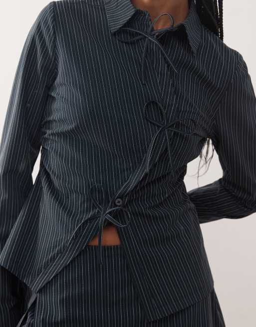 Reclaimed Vintage tie up shirt with bow details in navy pinstripe - part of a set