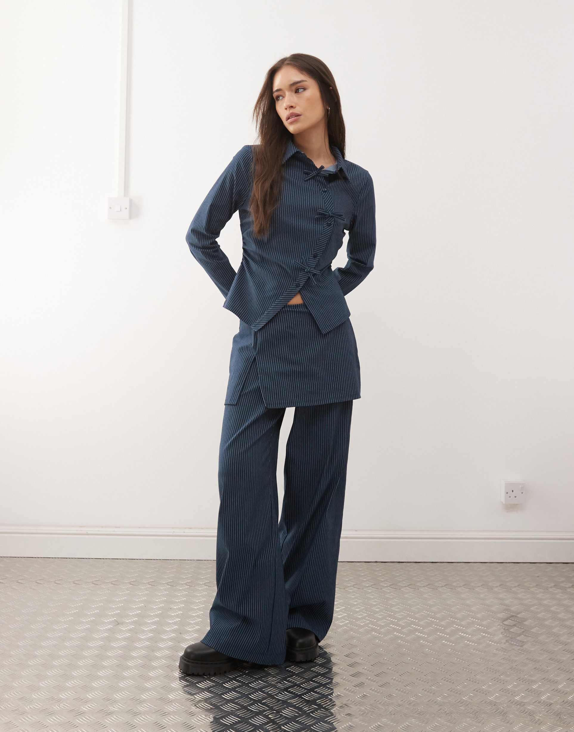 reclaimed vintage tie up shirt with bow details in navy pinstripe - part of a set