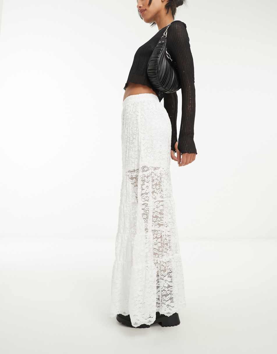 Reclaimed Vintage tiered lace maxi skirt in white