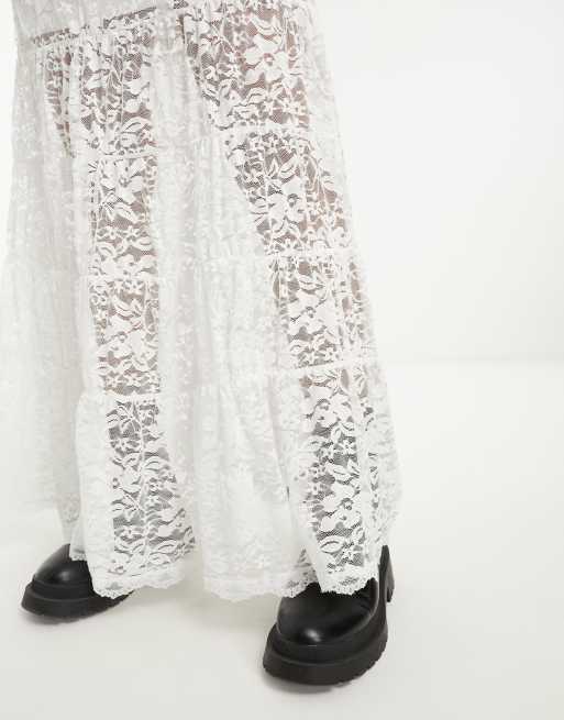 ASOS DESIGN prarie tiered lace maxi skirt in cream