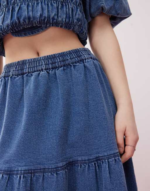 Reclaimed Vintage tiered maxi skirt co-ord in blue denim wash, 2 of 5
