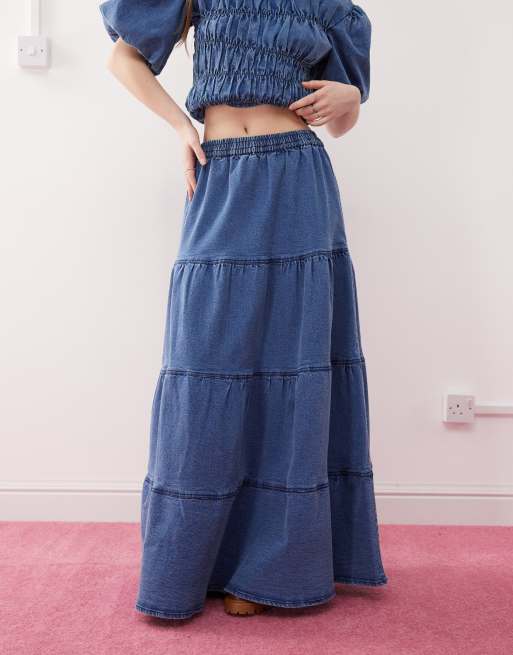 Reclaimed Vintage tiered maxi skirt co-ord in blue denim wash, 3 of 5