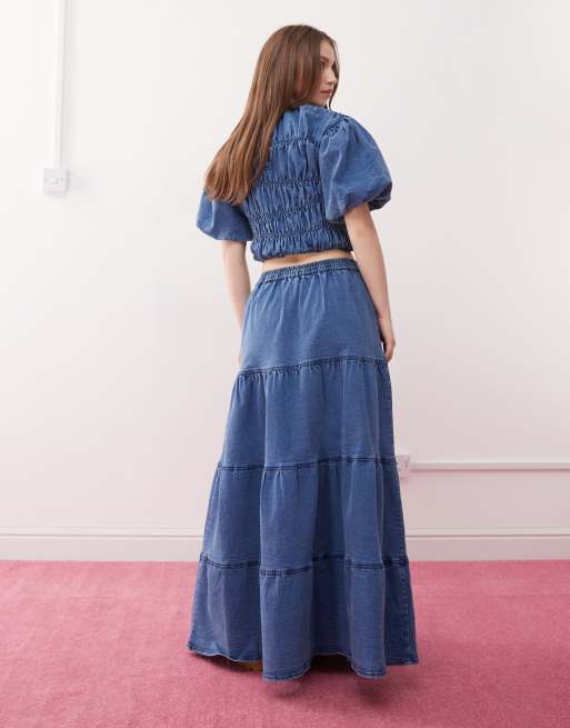 Reclaimed Vintage tiered maxi skirt co-ord in blue denim wash, 5 of 5