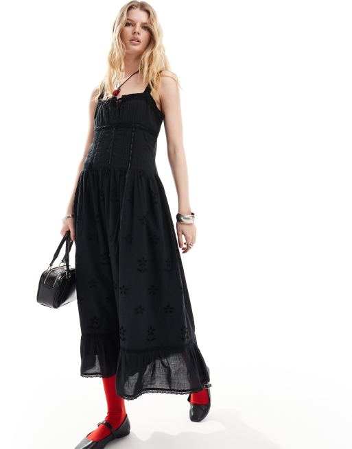 Reclaimed Vintage tiered western cowgirl midi dress teen in black