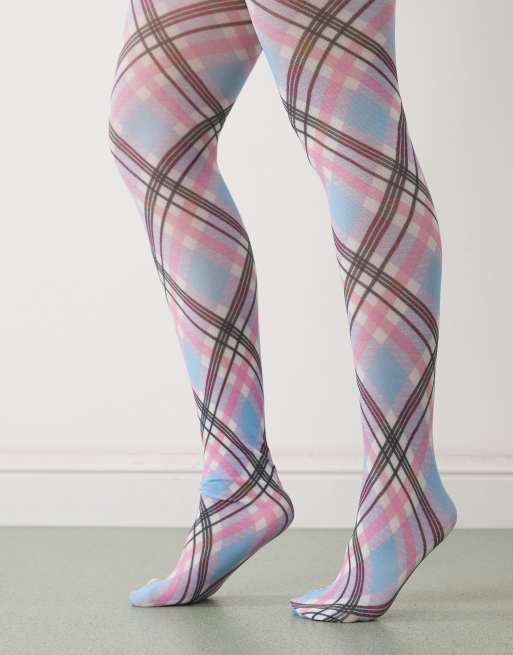 Reclaimed Vintage tights in blue and pink plaid print, 2 of 3