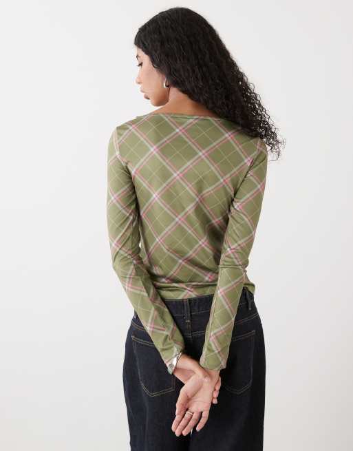 Reclaimed Vintage - Top à carreaux avec encolure bateau - Rose et olive, 2 de 4